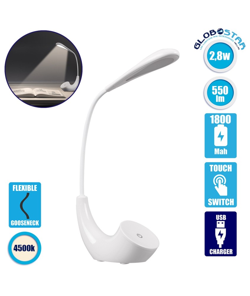 GLOBOSTAR® TEBLARO 76500 Μοντέρνο Επιτραπέζιο Φωτιστικό Γραφείου LED 2.8W 550lm 90° DC 5V με USB-C με Επαναφορτιζόμενη Μπαταρία Li-ion 3.7V 1x18650 1800mAh IP20 Φυσικό Λευκό 4500K - Sanan SMD Chip - Λευκό - Μ15.5 x Π7.5 x Υ44.5cm - 2 Χρόνια Εγγύηση